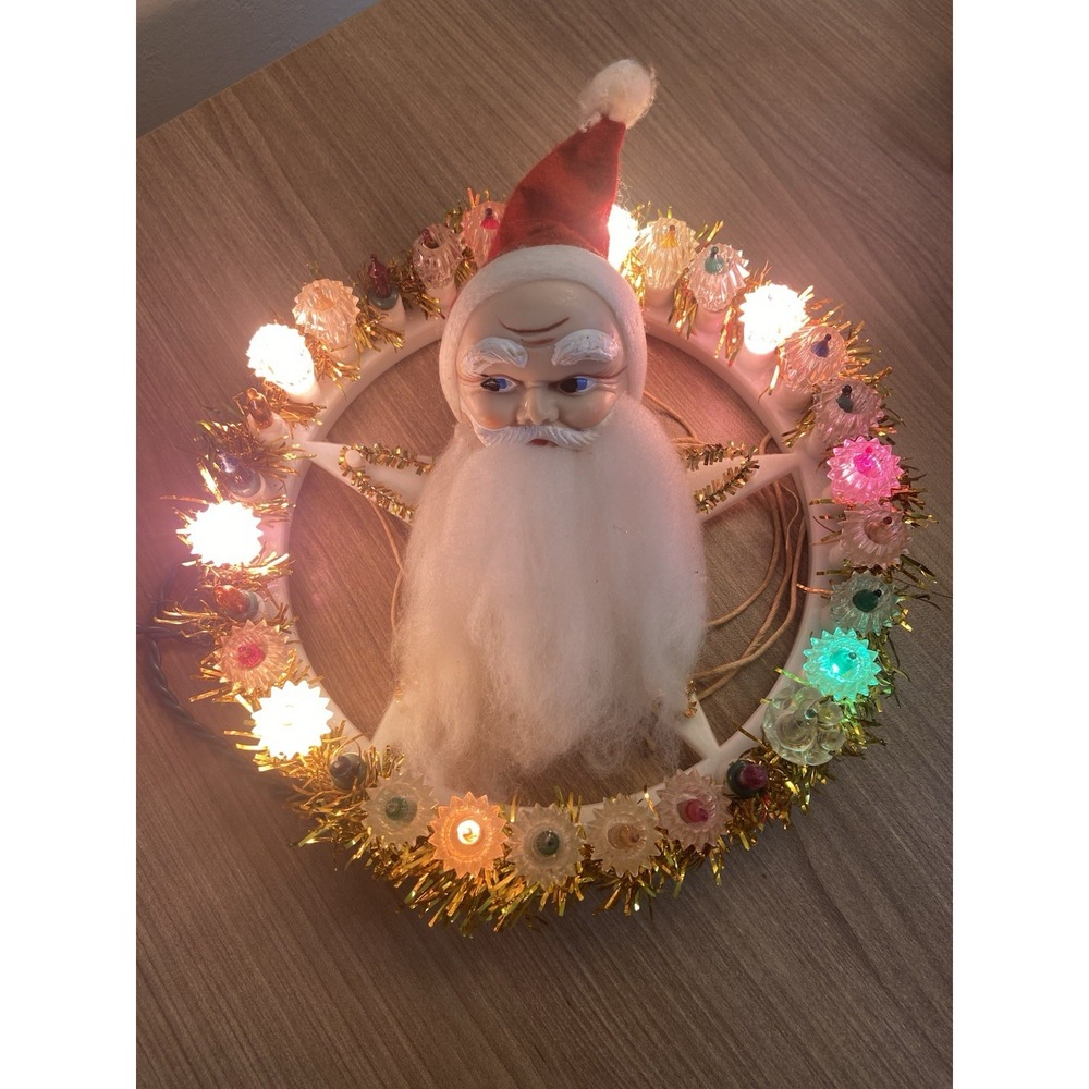 Vintage 1950s Rubber Face Santa Claus Light Up Tree Topper Plaque Round